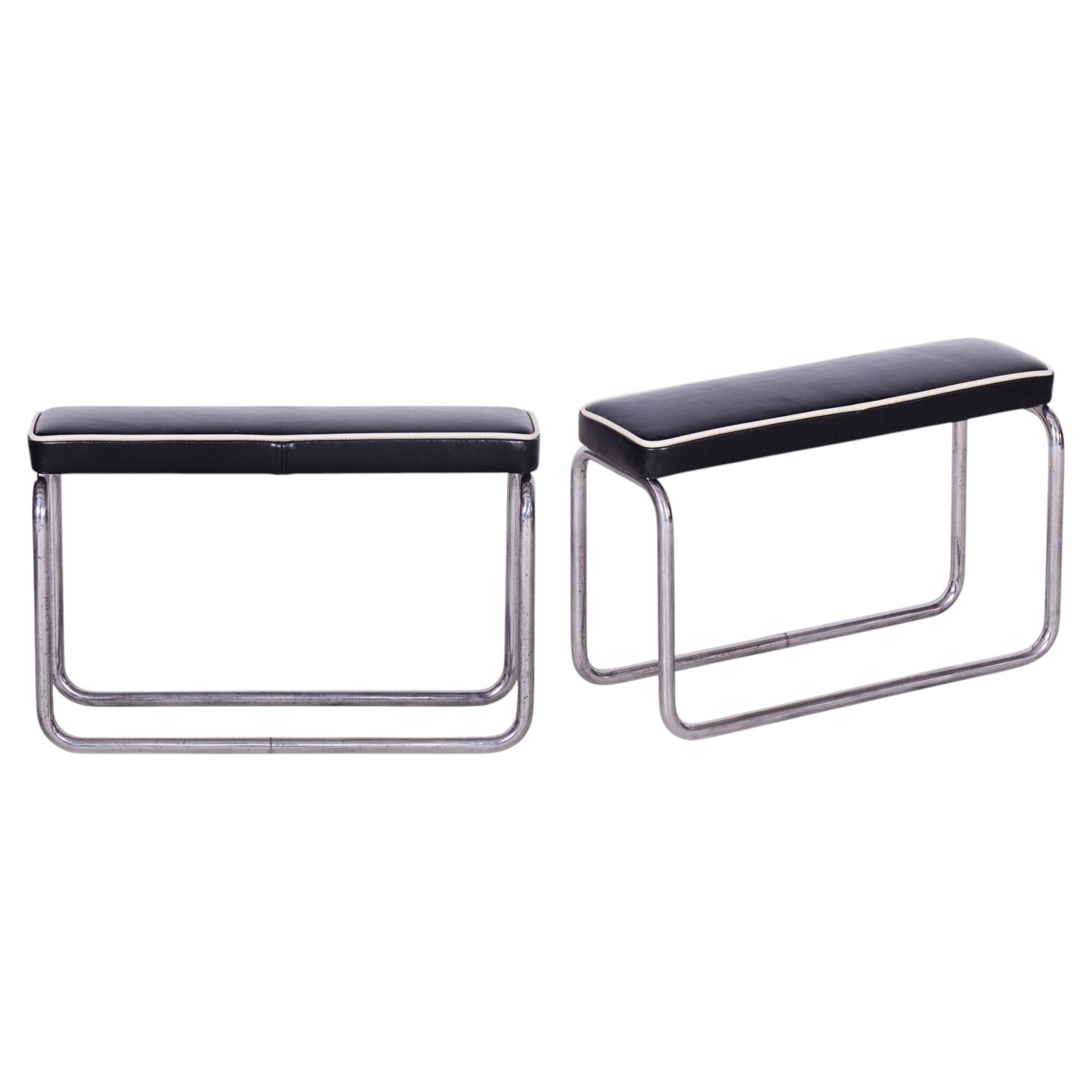 Pair of Restored Bauhaus Stools, Chromed Steel, Italian Leather, Czech, 1930s