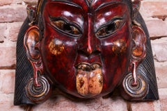 Original Asian Facial Mask, Lacquered and Painted Wood, Well Preserved, 1890s