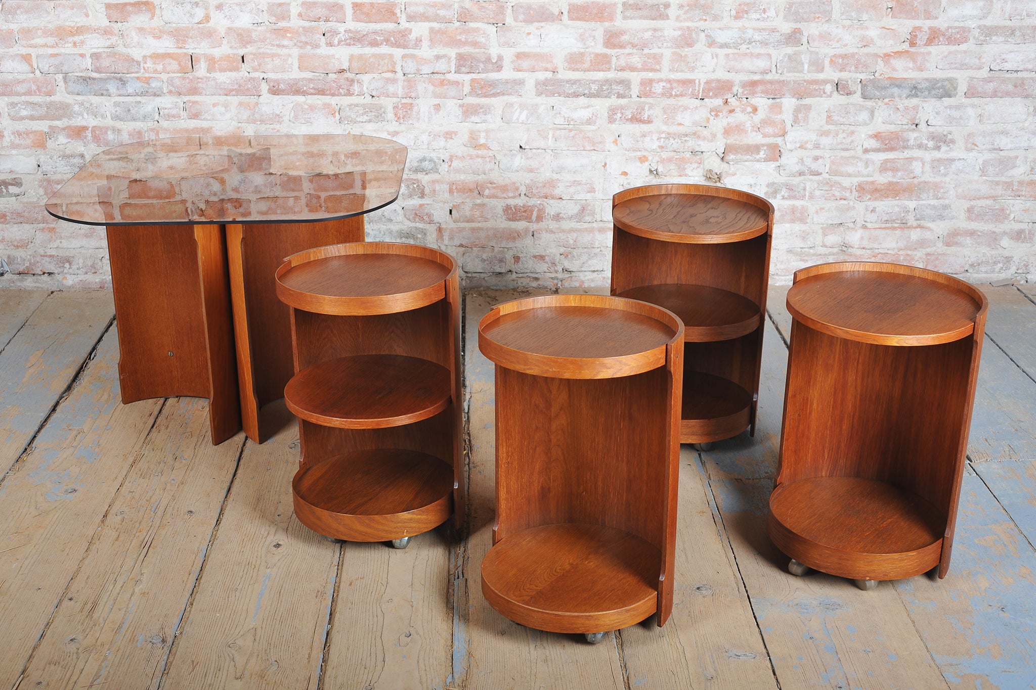Restored Mid-Century Nesting Table, Oak, Smoked Glass, Czech, 1960s For ...