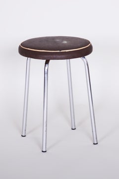 Original Bauhaus Stool, by Robert Sezák, Chromed Steel, Leather, Czech, 1940s
