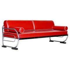 Restored Bauhaus Sofa, by R. Slezák, Chromed Steel, Leather, Czech, 1930s
