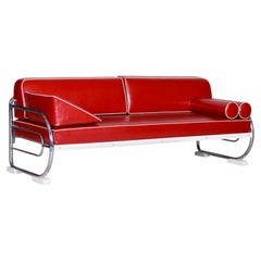 Restored Bauhaus Sofa, by Robert Slezák, Chromed Steel, Leather, Czech, 1930s