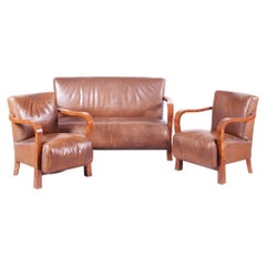 Ensemble de sièges Art déco d'époque, noyer, cuir, en très bon état, République tchèque, années 1930