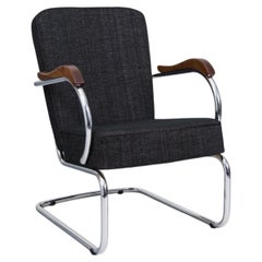 Restored Bauhaus Armchair, by Kovona, Chromed Steel, Reupholstered, Czech, 1960s