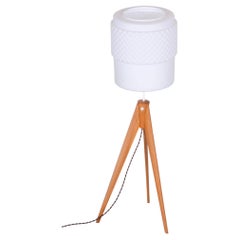 Restored Midcentury Floor Lamp, by ÚLUV, Oak, Milk Glass, Rewired, Czech, 1950s