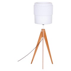 Restored Midcentury Floor Lamp, by ÚLUV, Oak, Milk Glass, Rewired, Czech, 1950s