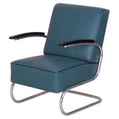 Restored Bauhaus Armchair, by Mücke-Melder, Chrome, Leather , Czech, 1930s