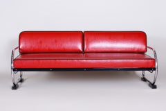 Restored Bauhaus Sofa, by Robert Slezák, Chromed Steel, Leather, Czech, 1930s