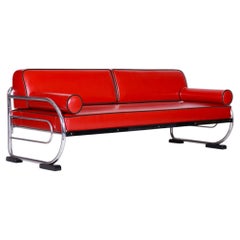 Restored Bauhaus Sofa, by Robert Slezák, Chromed Steel, Leather, Czech, 1930s