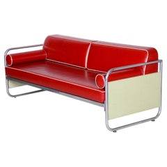 Restored Bauhaus Sofa, by Vichr a spol., Chromed Steel, Leather, Czech, 1930s