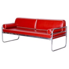 Restored Bauhaus Sofa, by Hynek Gottwald, Chromed Steel, Leather, Czech, 1930s
