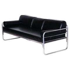 Restored Bauhaus Sofa, by Hynek Gottwald, Chromed Steel, Leather, Czech, 1930s