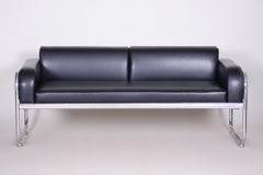 Restored Bauhaus Sofa, by Vichr a spol., Chromed Steel, Leather, Czech, 1930s