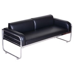 Restored Bauhaus Sofa, by Vichr a spol., Chromed Steel, Leather, Czech, 1930s