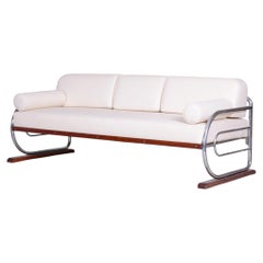 Restored Bauhaus Sofa, by Robert Slezák, Chromed Steel, Leather, Czech, 1930s