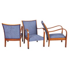 Set of Three Restored Art Deco Armchairs, Walnut, Repolished, Czech, 1920s