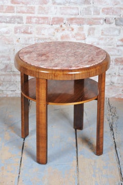 Restored Art Deco Small Table, Walnut Veneer, Marble, Repolished, Czech, 1920s