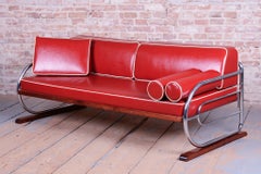 Restored Bauhaus Sofa, by Robert Slezák, Chromed Steel, Leather, Czech, 1930s