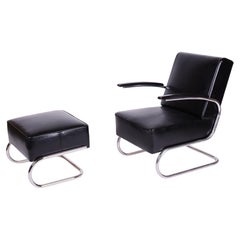 Restored Art Deco Armchair with Stool, Chromed Steel, Leather, Czech, 1930s