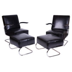 Restored Art Deco Seating Set, Chromed Steel, Genuine Leather, Czech, 1930s