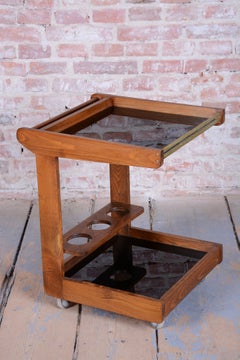 Restored Mid-Century Trolley, Oak, Chromed Steel, Blackened Glass, Czech, 1960s