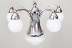 Original Art Deco Chandelier, Nickel-Plated Brass, Milk Glass, Czech, 1920s