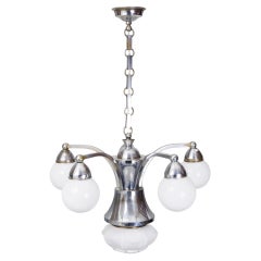 Original Art Deco Chandelier, Nickel-Plated Brass, Milk Glass, Czech, 1920s