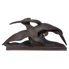 Original Art Deco Sculpture "Two Gulls", by R. Pollin, Terracotta, France, 1920s