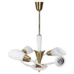 Original Mid-Century Chandelier, Brass, Milk Glass, Well Preserved, Czech, 1960s