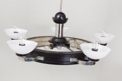 Lustre Art déco restauré, chêne, nickel, laiton, verre opalin, Allemagne, années 1930