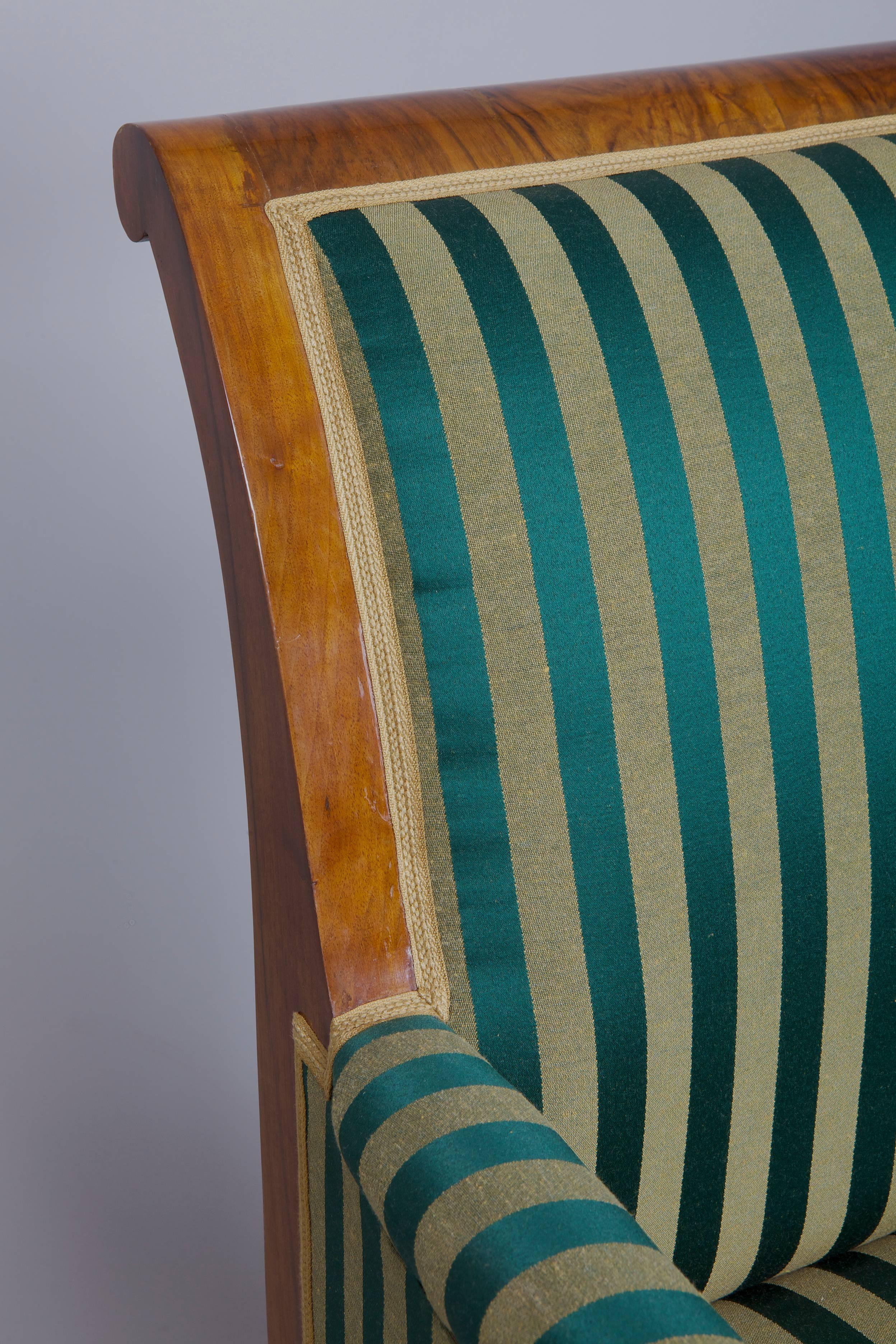 Unknown 19th Century Restored Pair of Biedermeier Walnut Armchairs, Green and gold color