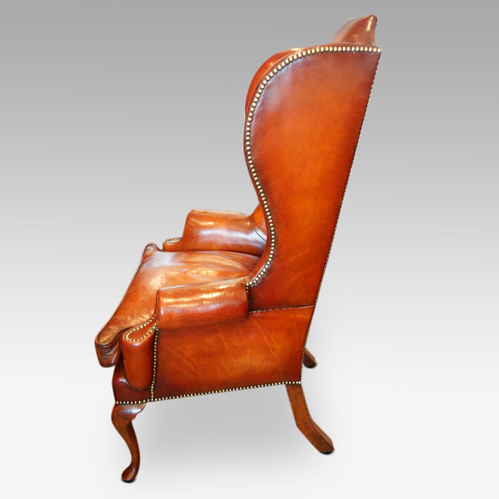 English Queen Anne Style High Back Leather Library Wingchair