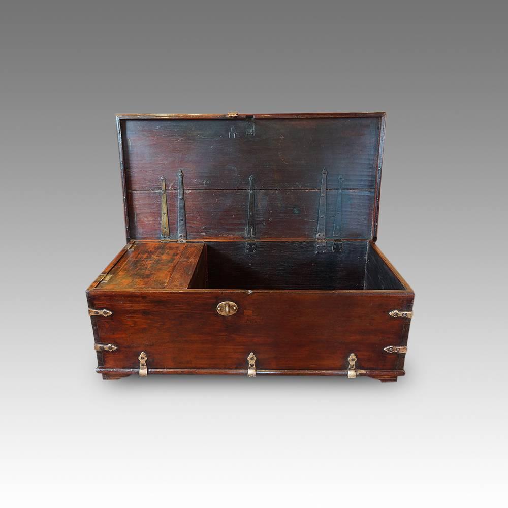 Antique colonial hardwood merchants chest
Here we have this 19th century hardwood trunk that would have been used to transport valuables along the trading routes in the East.
These were made of a very strong construction to help protect the