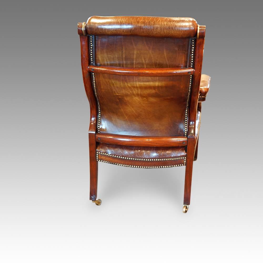 Regency mahogany and brass library chair
Here we have this superb chair made in Fine mahogany and with a brass strip embellishment.
This library chair would be wonderful to relax in after a day’s work.
The mahogany frame with its dramatic swept