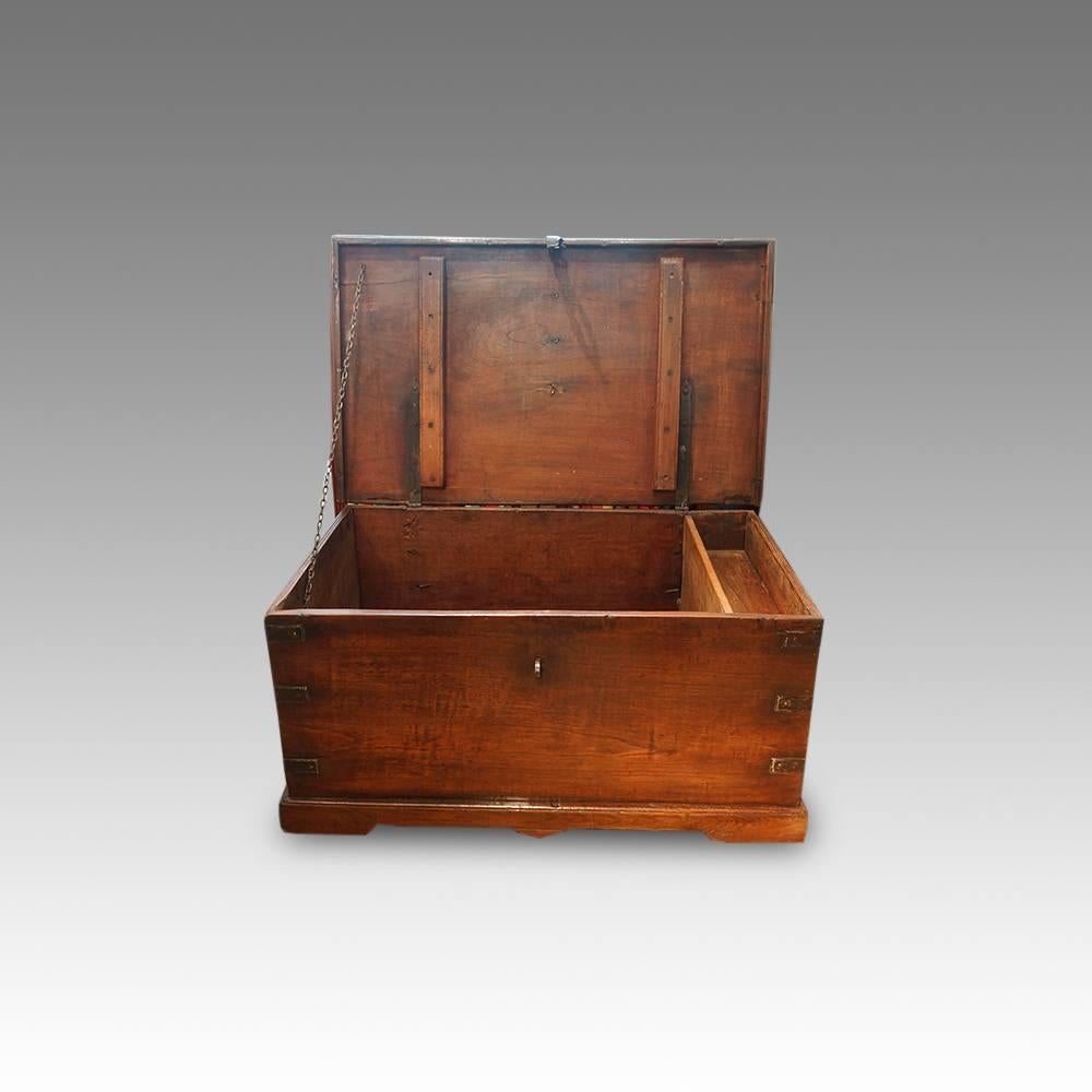 Antique teak Colonial chest
Here we have this lovely and very useful chest.
This chest would have been used by a wealthy merchant to transport valuables in the early 19thc.
Having iron corners that were applied for protection as it was carried