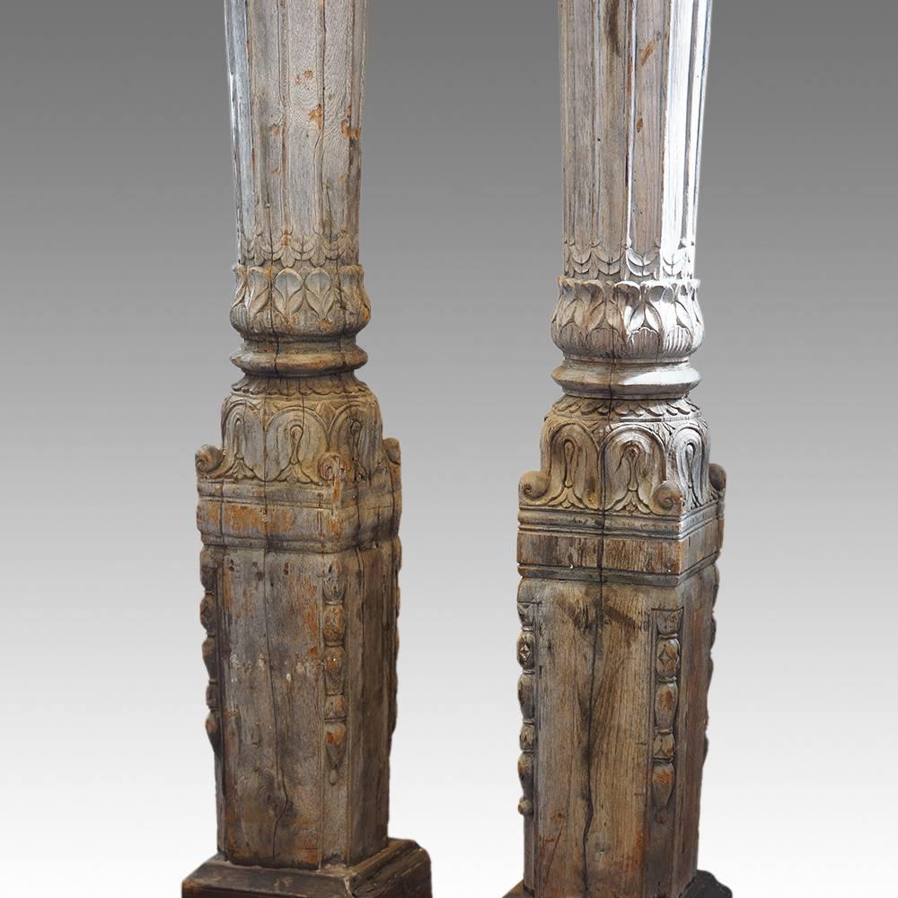 Antique carved teak columns
The Shepton Mallet columns
Here we have this magnificent pair of 19th century teak columns.
These would have been from a large estate house belonging to a wealthy European living in India in the day.
The would be a