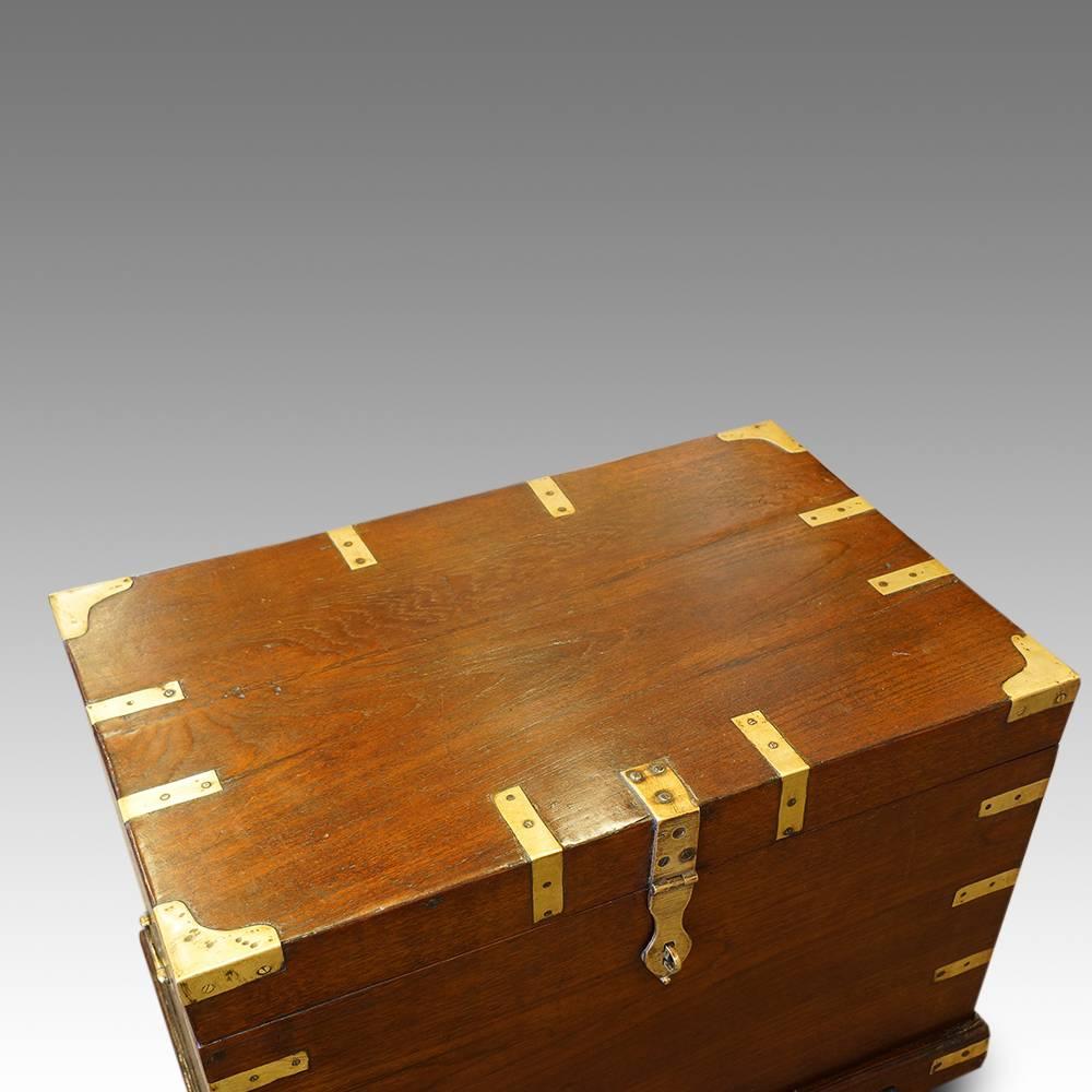 Victorian teak brass bound officers chest
Here we have this Victorian chest, that would have been used by an officer to transport his uniforms, and valuables on campaigns in the east.
Made in teak, that would have been most durable for land and
