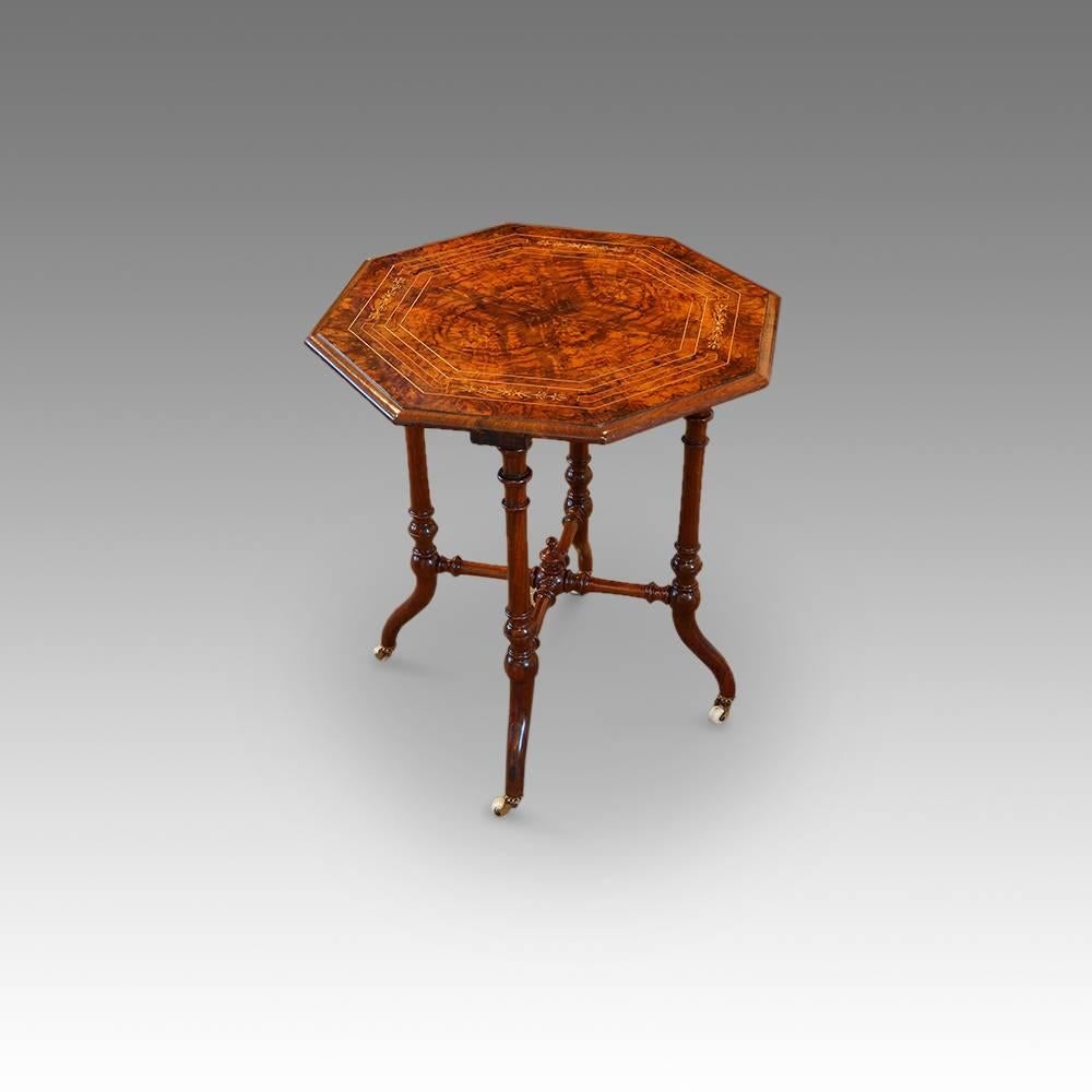 Victorian inlaid walnut wine table
Here we have this burr walnut wine table made in the Victorian period. The octagonal top, veneered in ine burr walnut, and laid on solid walnut, also inlaid with boxwood  and banded with amboyna panels.
This