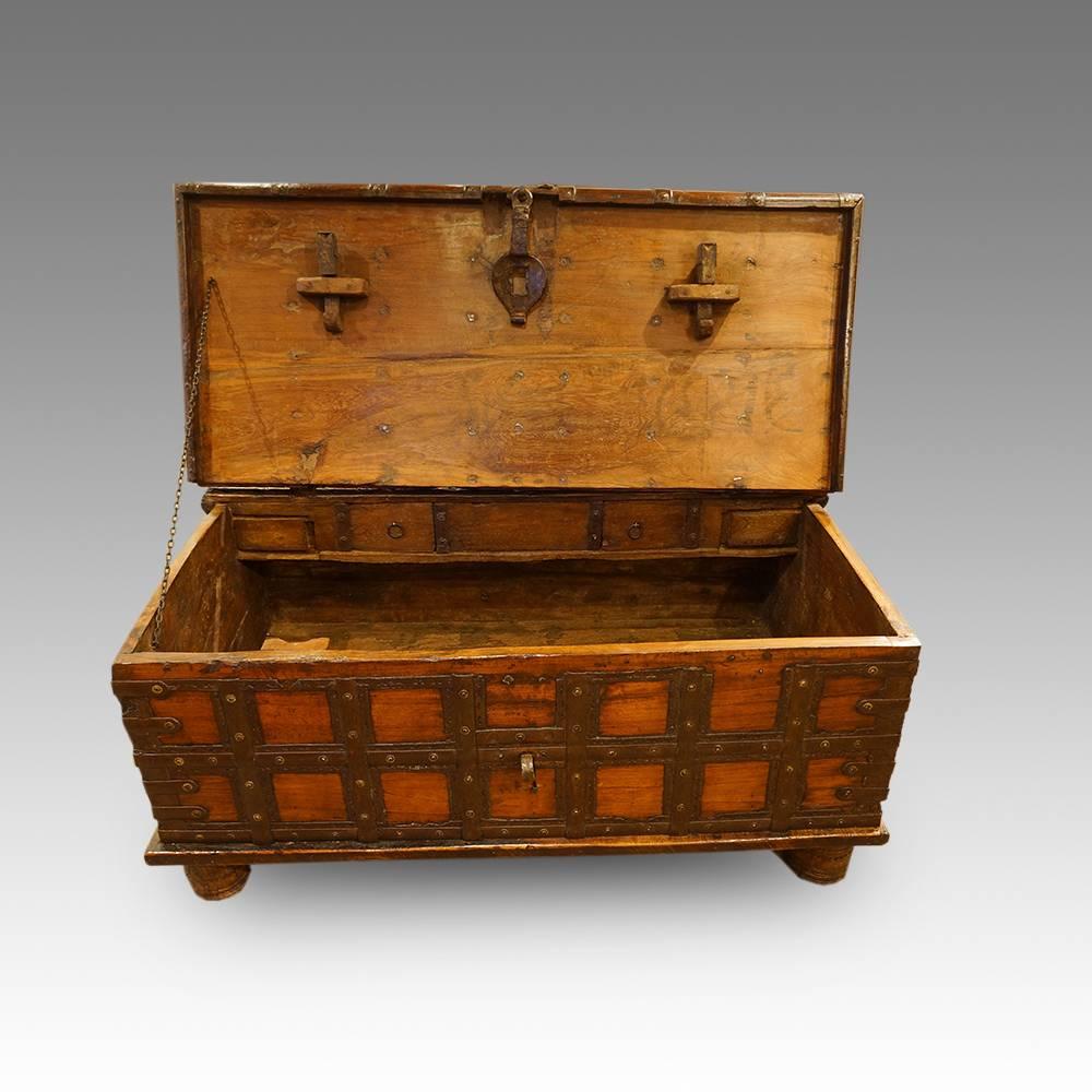 Antique hardwood iron bound merchants chest
Here we have this merchants chest, made of hardwood and then iron bound.
This chest would have been made for a wealthy merchant to transport valuables along the trade routes in the East.
Carried on