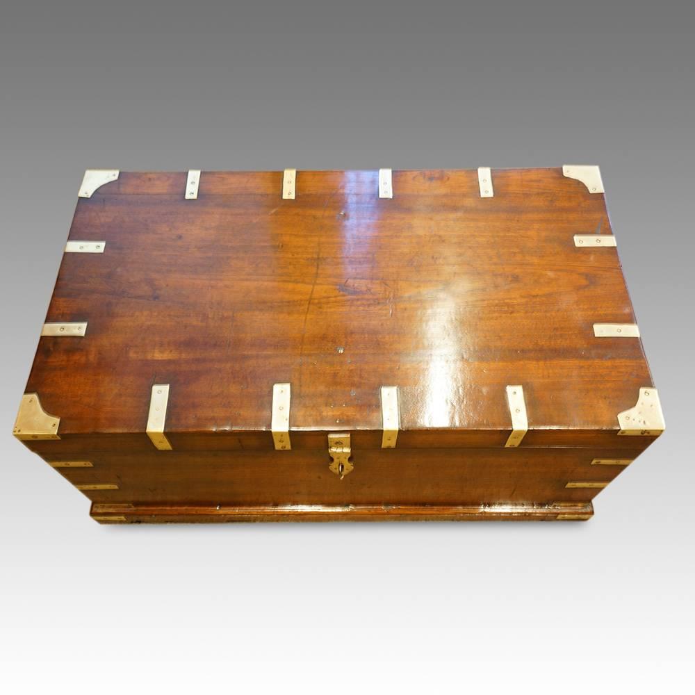 Victorian brass bound military chest
Here we have this Victorian trunk that would have been used by a British officer to transport his uniforms and valuables around the Empire.
This chest is made of teak, a timber that is able to cope with the