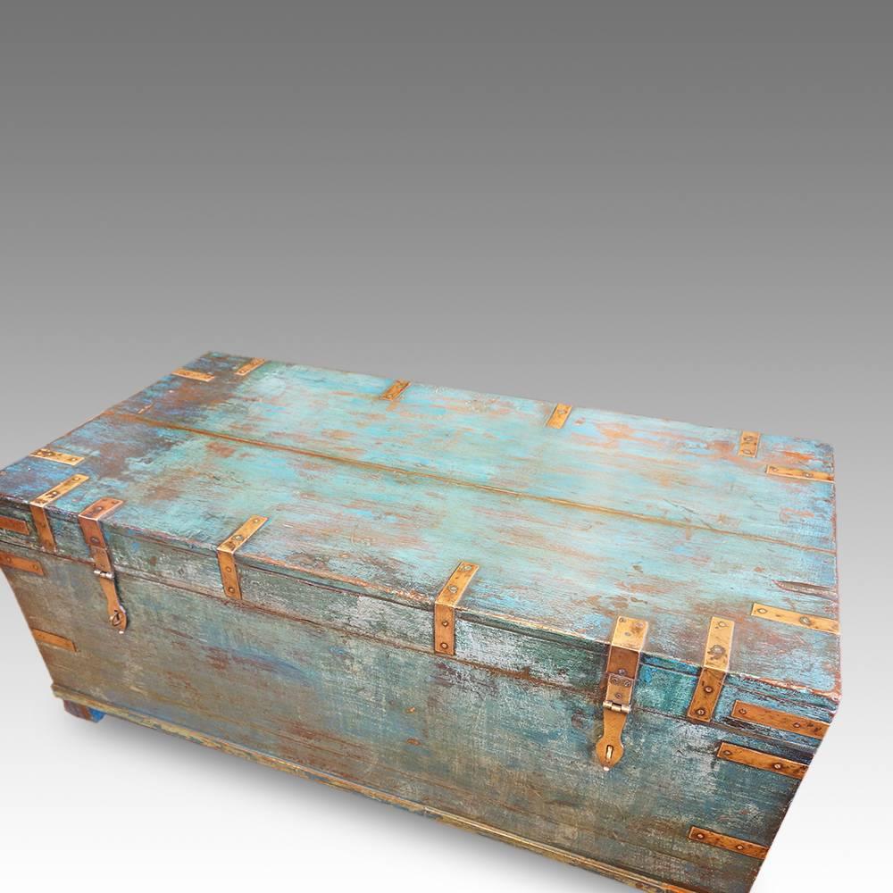 Teak Victorian Brass Bound Campaign Trunk in Original Blue Paint