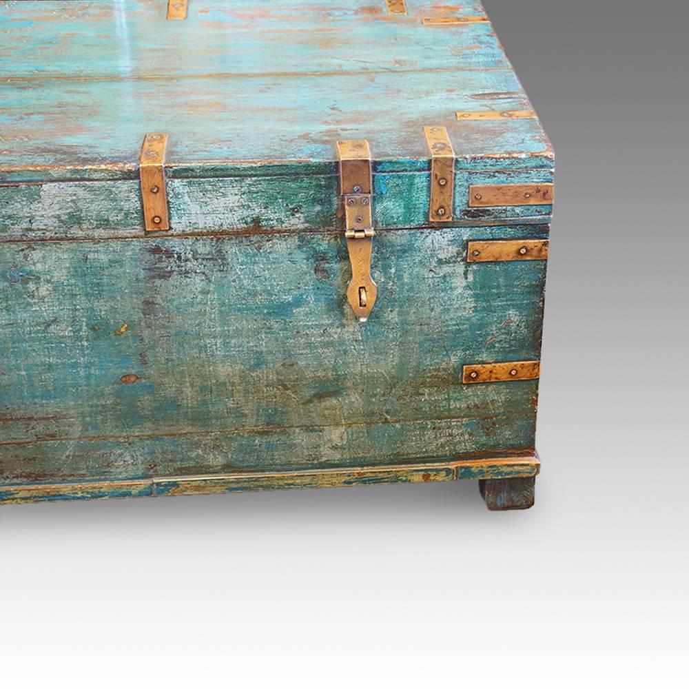 Victorian brass bound campaign trunk in original blue paint
This Victorian brass bound campaign trunk is rare, as it still has a large amount of its original blue paint.
Having large brass corners and straps to protect it on its journeys around the