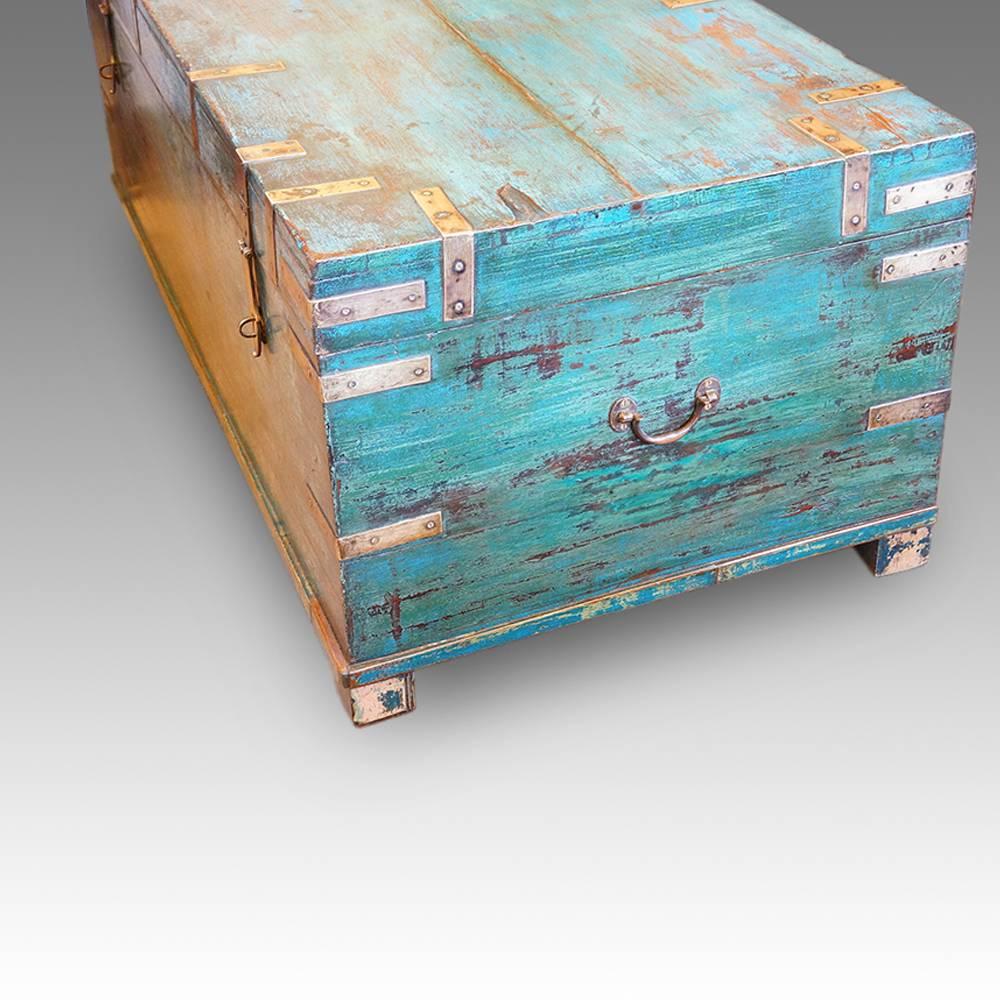Indian Victorian Brass Bound Campaign Trunk in Original Blue Paint