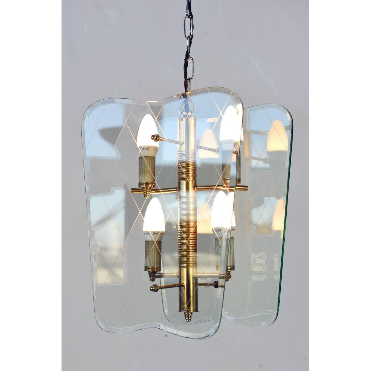 Plated 1940s Cut-Glass Pendant Lamp by Fontana Arte, Italy For Sale