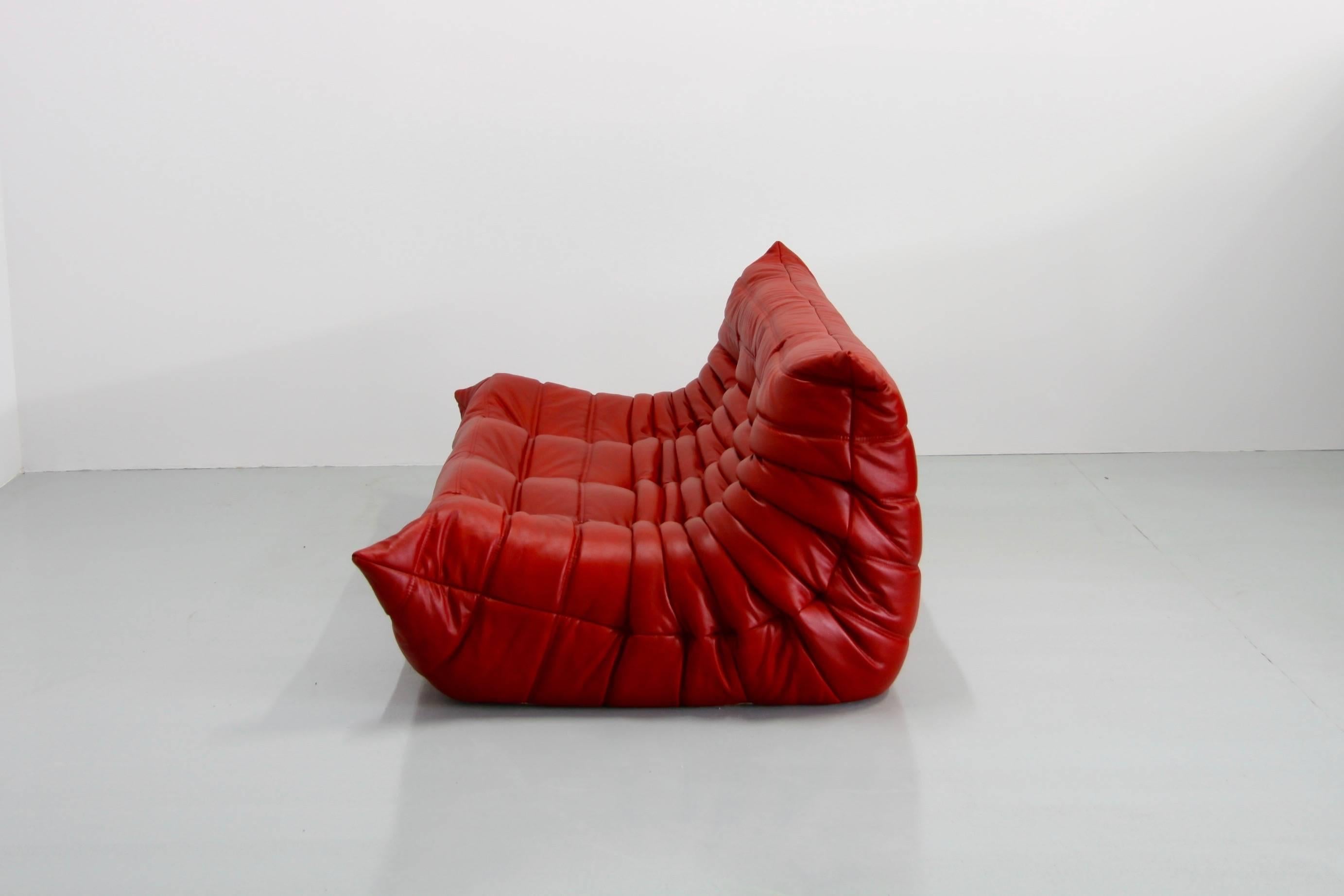 Mid-Century Modern Red Leather Togo Sofa by Michel Ducaroy for Ligne Roset, 1974, Red Leather Togo
