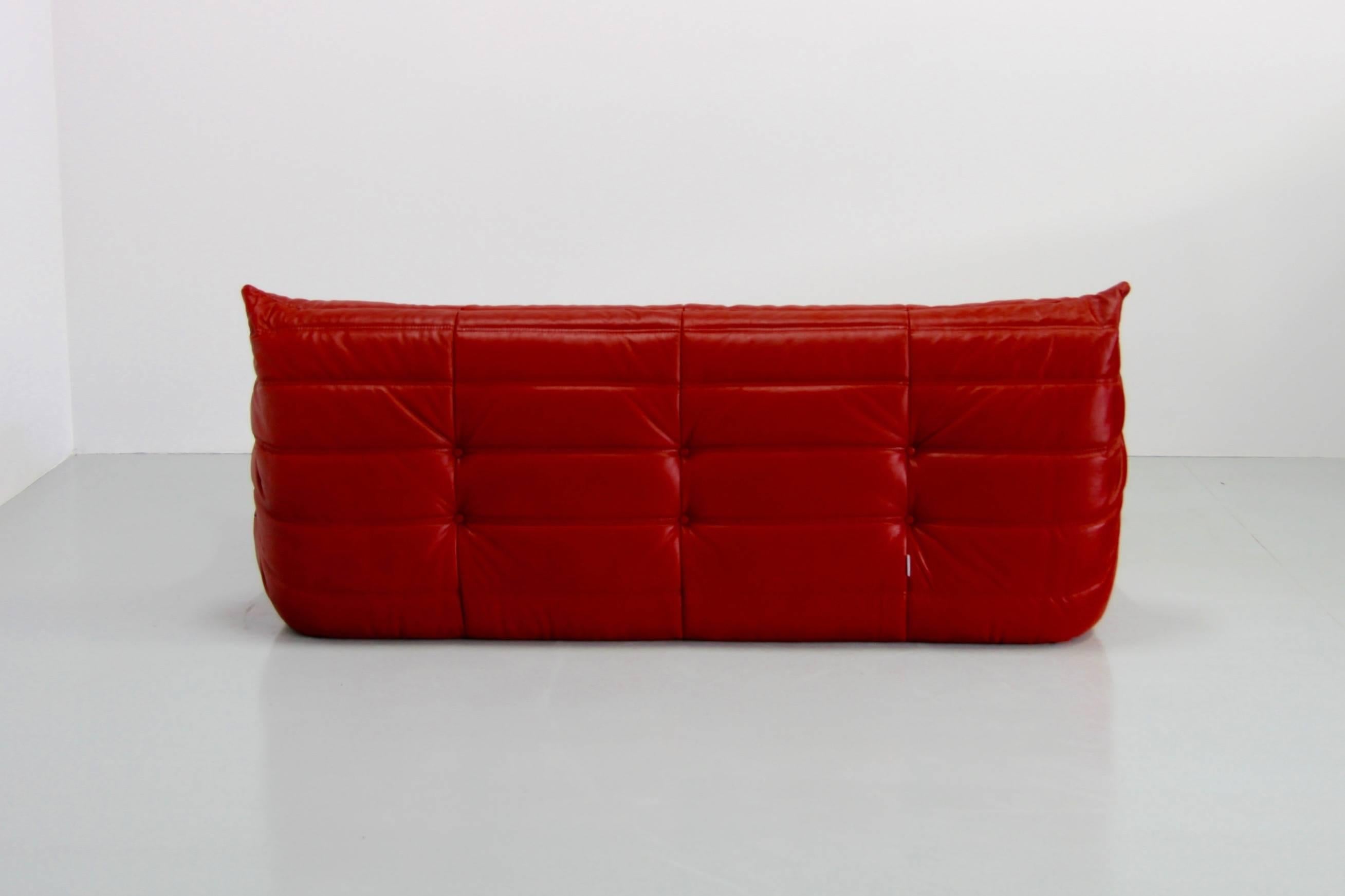 French Red Leather Togo Sofa by Michel Ducaroy for Ligne Roset, 1974, Red Leather Togo