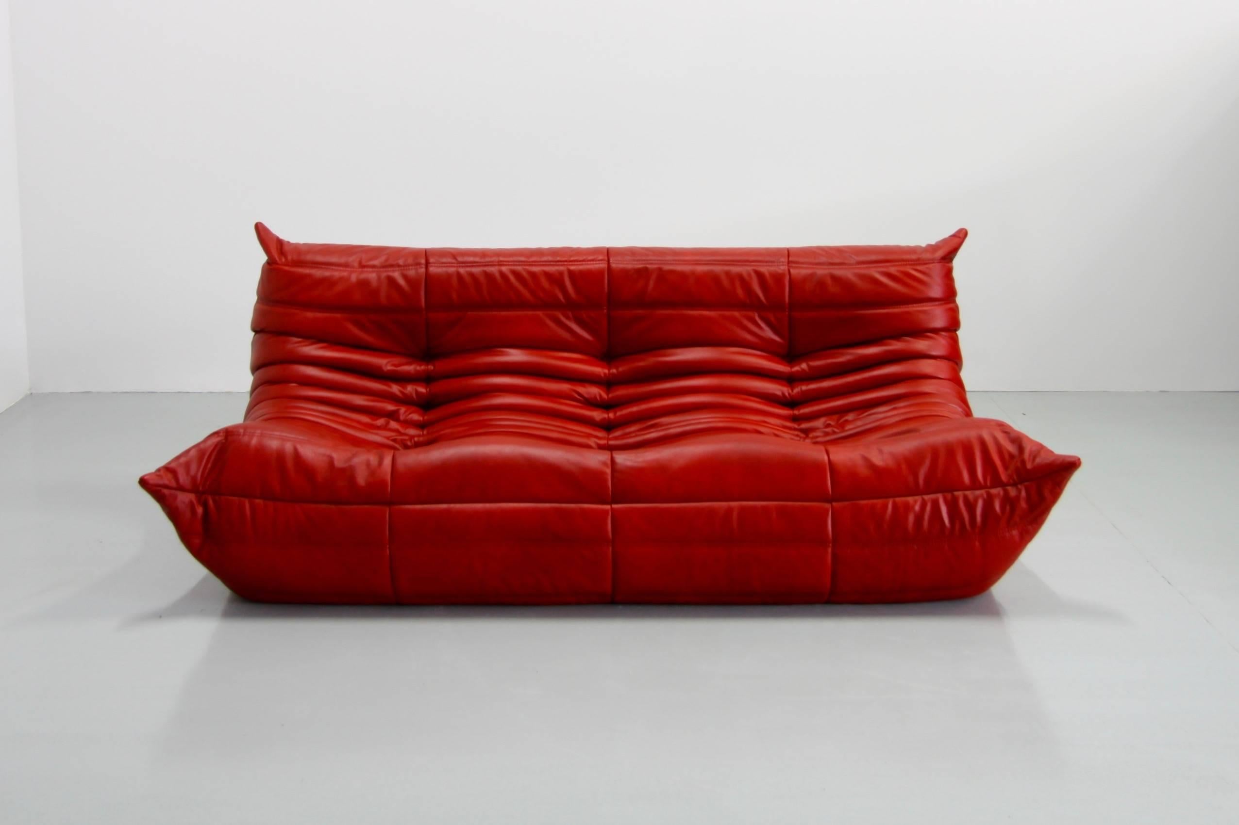 Late 20th Century Red Leather Togo Sofa by Michel Ducaroy for Ligne Roset, 1974, Red Leather Togo