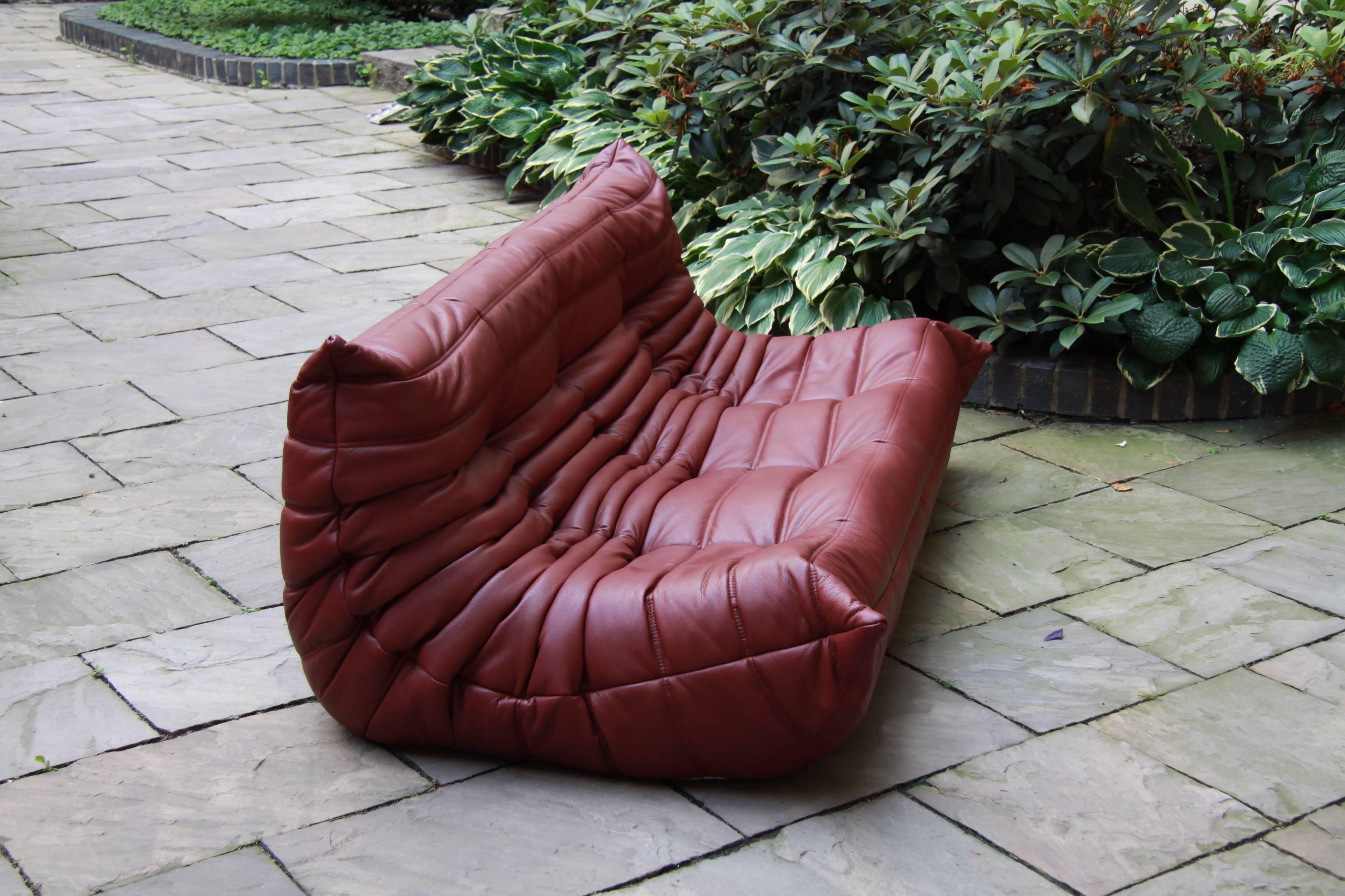 Late 20th Century Vintage Burgundy Leather Togo Sofa by Michel Ducaroy for Ligne Roset
