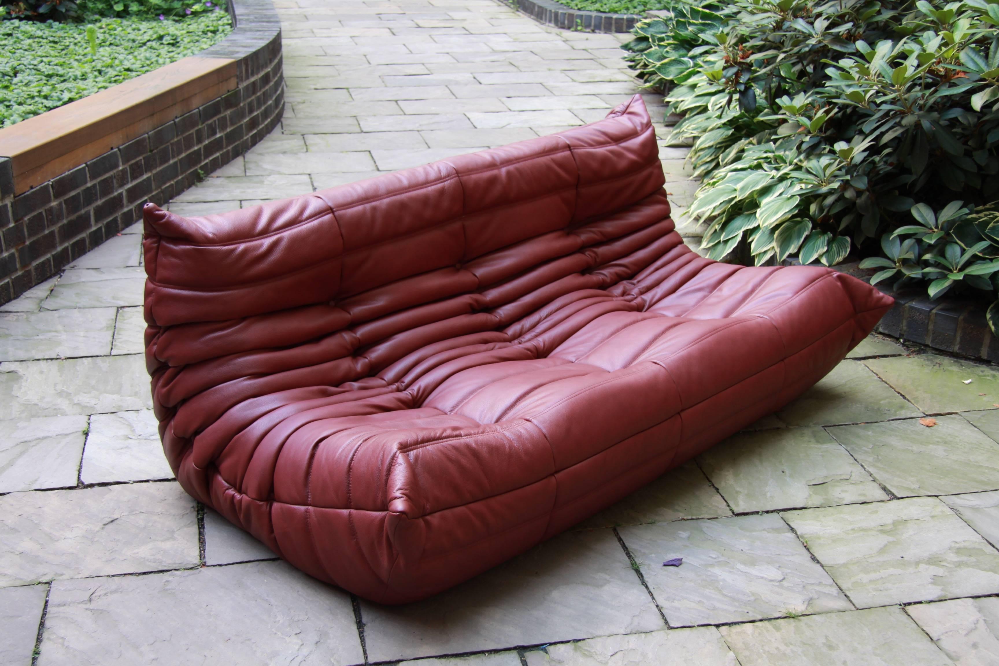 Vintage Burgundy Leather Togo Sofa by Michel Ducaroy for Ligne Roset 1