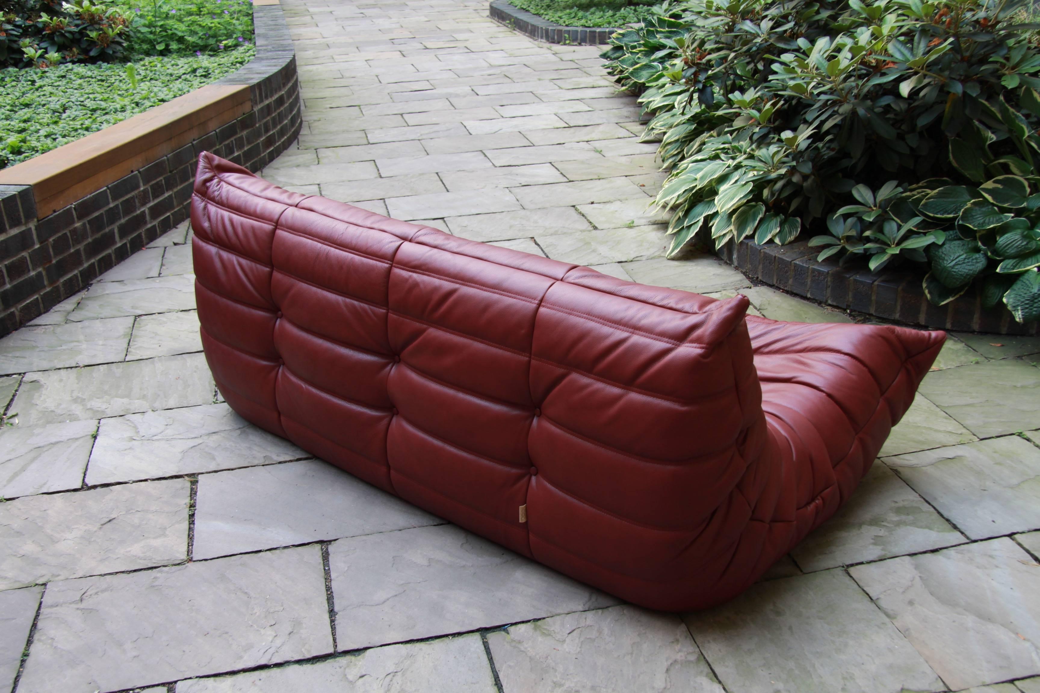 Vintage Burgundy Leather Togo Sofa by Michel Ducaroy for Ligne Roset 2